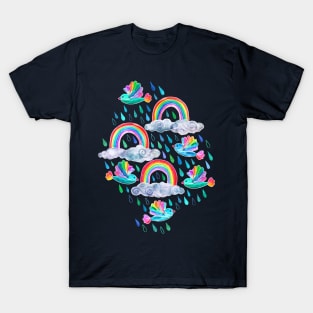 Spring Showers and Rainbow Birds on Navy Blue T-Shirt